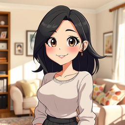 A stylized character design of a fictional mother figure inspired by anime, featuring attractive large eyes, a warm smile, and stylish, modern clothing
