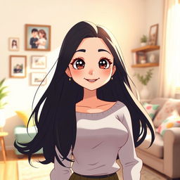 A stylized character design of a fictional mother figure inspired by anime, featuring attractive large eyes, a warm smile, and stylish, modern clothing