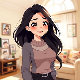 A stylized character design of a fictional mother figure inspired by anime, featuring attractive large eyes, a warm smile, and stylish, modern clothing