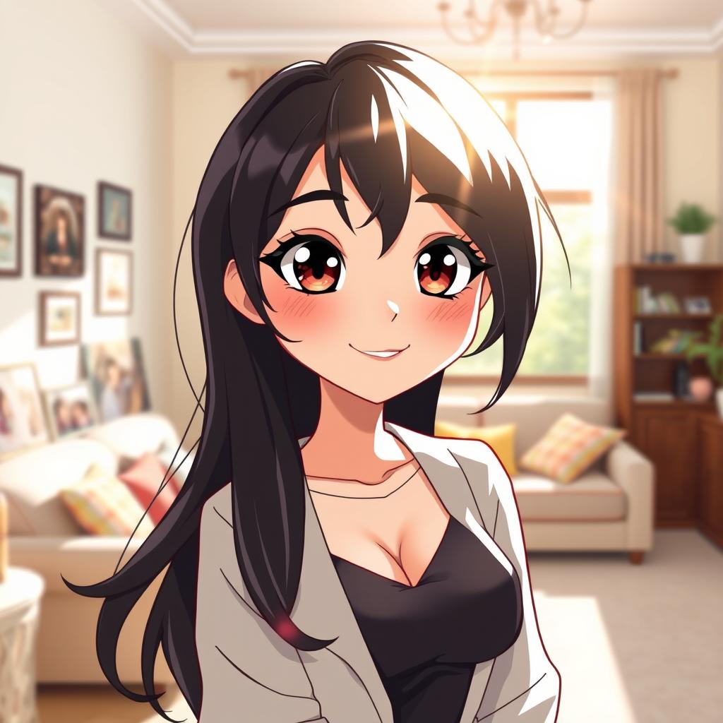A stylized character design of a fictional mother figure inspired by anime, featuring attractive large eyes, a warm smile, and stylish, modern clothing