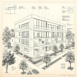 A detailed architectural blueprint of a modern building featuring multiple floors, large windows, an open-plan layout, and sustainable design elements