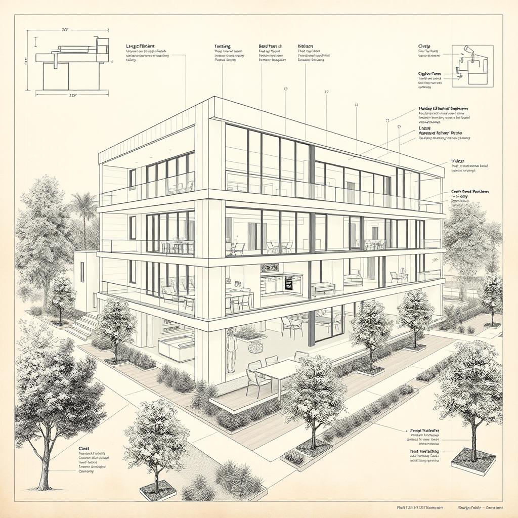 A detailed architectural blueprint of a modern building featuring multiple floors, large windows, an open-plan layout, and sustainable design elements