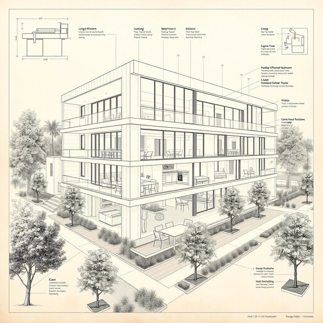 A detailed architectural blueprint of a modern building featuring multiple floors, large windows, an open-plan layout, and sustainable design elements