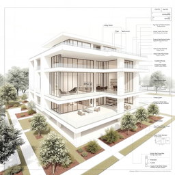 A detailed architectural blueprint of a modern building featuring multiple floors, large windows, an open-plan layout, and sustainable design elements