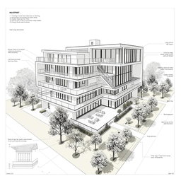A detailed architectural blueprint of a modern building featuring multiple floors, large windows, an open-plan layout, and sustainable design elements