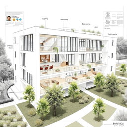 A detailed architectural blueprint of a modern building featuring multiple floors, large windows, an open-plan layout, and sustainable design elements