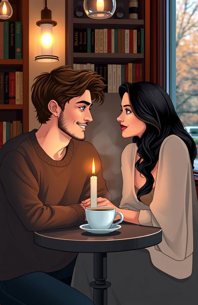 A romantic scene set in a cozy coffee shop, with a handsome man and a beautiful woman sharing an intimate moment