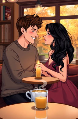 A romantic scene set in a cozy coffee shop, with a handsome man and a beautiful woman sharing an intimate moment