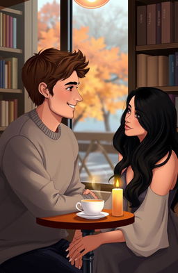 A romantic scene set in a cozy coffee shop, with a handsome man and a beautiful woman sharing an intimate moment