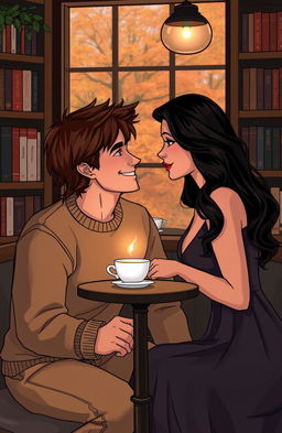 A romantic scene set in a cozy coffee shop, with a handsome man and a beautiful woman sharing an intimate moment