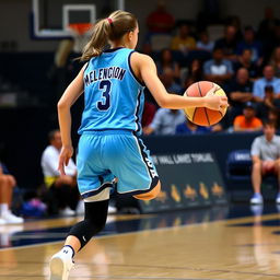 A young female basketball player in action, wearing a sky blue jersey