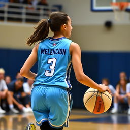 A young female basketball player in action, wearing a sky blue jersey