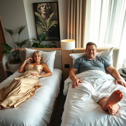 A 40-year-old man and a 40-year-old woman with large breasts lying comfortably on separate single beds in a hotel room