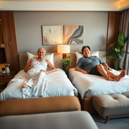 A 40-year-old man and a 40-year-old woman with large breasts lying comfortably on separate single beds in a hotel room