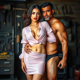 A full-length intimate photo shoot featuring a gorgeous 22-year-old Arab woman dressed in a transparent light pink wet shirt and a microskirt, showcasing her sexy boobs, hot navel, and seductive thighs