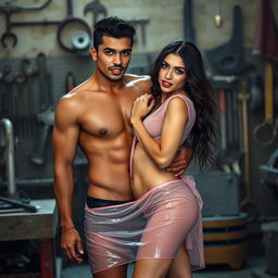 A full-length intimate photo shoot featuring a gorgeous 22-year-old Arab woman dressed in a transparent light pink wet shirt and a microskirt, showcasing her sexy boobs, hot navel, and seductive thighs