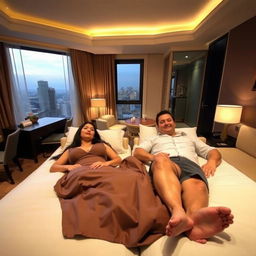 A scene inside a hotel room featuring a 40-year-old man and a 40-year-old woman lying on two single beds