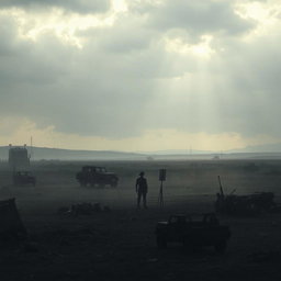A heavy silence surrounding a war zone depicted in a dramatic and powerful manner