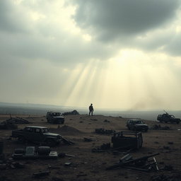 A heavy silence surrounding a war zone depicted in a dramatic and powerful manner