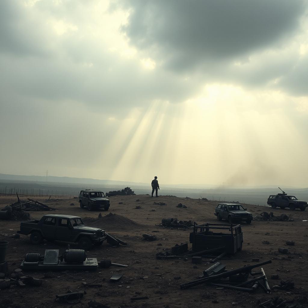 A heavy silence surrounding a war zone depicted in a dramatic and powerful manner
