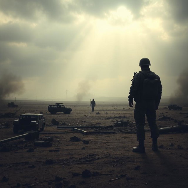 A heavy silence surrounding a war zone depicted in a dramatic and powerful manner