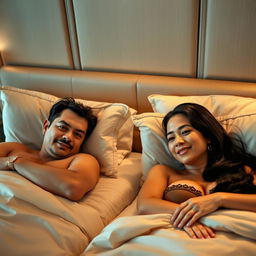 A middle-aged man and woman, both around 40 years old, with attractive features, the woman having large breasts and long black hair, laid down comfortably in a hotel room, each occupying a single bed