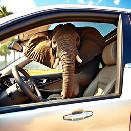 A humorous, imaginative scene featuring a large elephant comfortably sitting inside a luxurious Mercedes-Benz car