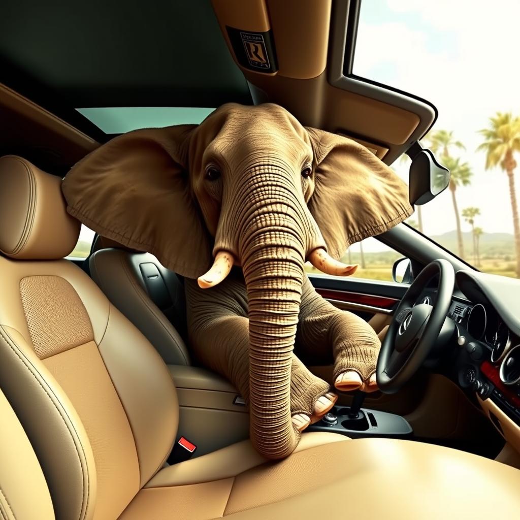 A humorous, imaginative scene featuring a large elephant comfortably sitting inside a luxurious Mercedes-Benz car