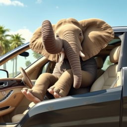 A humorous, imaginative scene featuring a large elephant comfortably sitting inside a luxurious Mercedes-Benz car