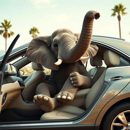 A humorous, imaginative scene featuring a large elephant comfortably sitting inside a luxurious Mercedes-Benz car