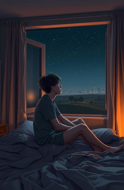 A cozy bedroom scene featuring a disheveled young man sitting on a bed, gazing out of a window at a quiet night sky filled with stars
