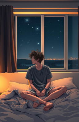 A cozy bedroom scene featuring a disheveled young man sitting on a bed, gazing out of a window at a quiet night sky filled with stars