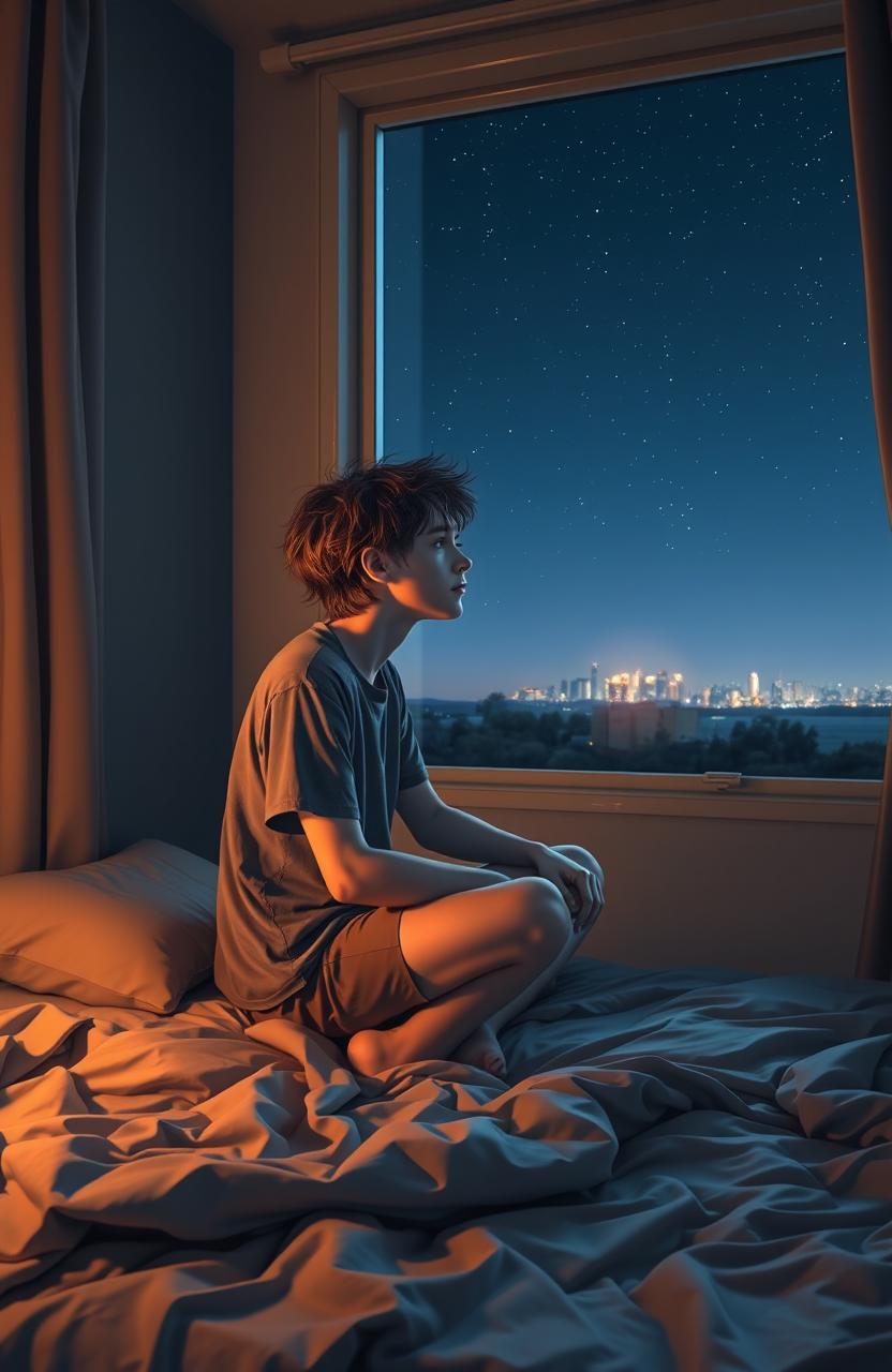 A cozy bedroom scene featuring a disheveled young man sitting on a bed, gazing out of a window at a quiet night sky filled with stars
