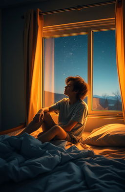 A cozy bedroom scene featuring a disheveled young man sitting on a bed, gazing out of a window at a quiet night sky filled with stars