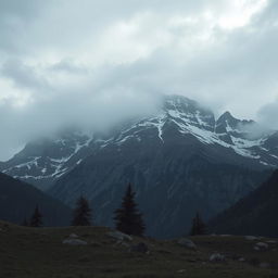 A melancholic mountain landscape under a cloudy sky, with soft light illuminating the peaks