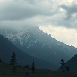 A melancholic mountain landscape under a cloudy sky, with soft light illuminating the peaks