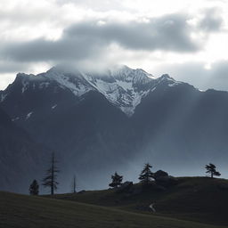 A melancholic mountain landscape under a cloudy sky, with soft light illuminating the peaks