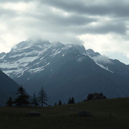 A melancholic mountain landscape under a cloudy sky, with soft light illuminating the peaks