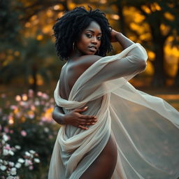 A stunning black Zimbabwean woman confidently posed artistically in a dreamy outdoor setting, embracing her femininity and body positivity