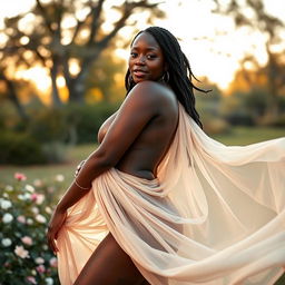 A stunning black Zimbabwean woman confidently posed artistically in a dreamy outdoor setting, embracing her femininity and body positivity