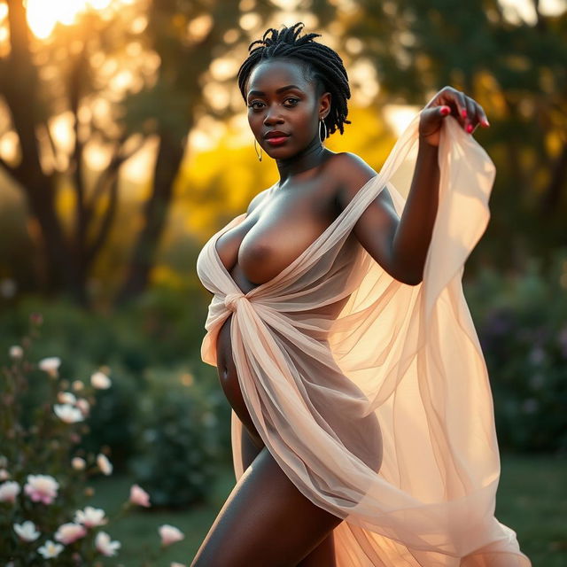 A stunning black Zimbabwean woman confidently posed artistically in a dreamy outdoor setting, embracing her femininity and body positivity