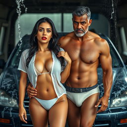 A full-length intimate photo shoot featuring a stunning 22-year-old Arab woman in a transparent white wet shirt and hot pants, showcasing her sexy boobs, hot navel, and seductive thighs