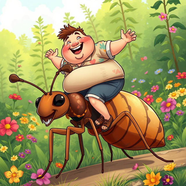 A whimsical and humorous illustration of a plump man joyfully riding a giant ant