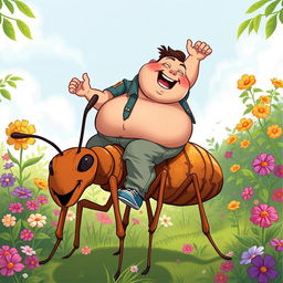 A whimsical and humorous illustration of a plump man joyfully riding a giant ant