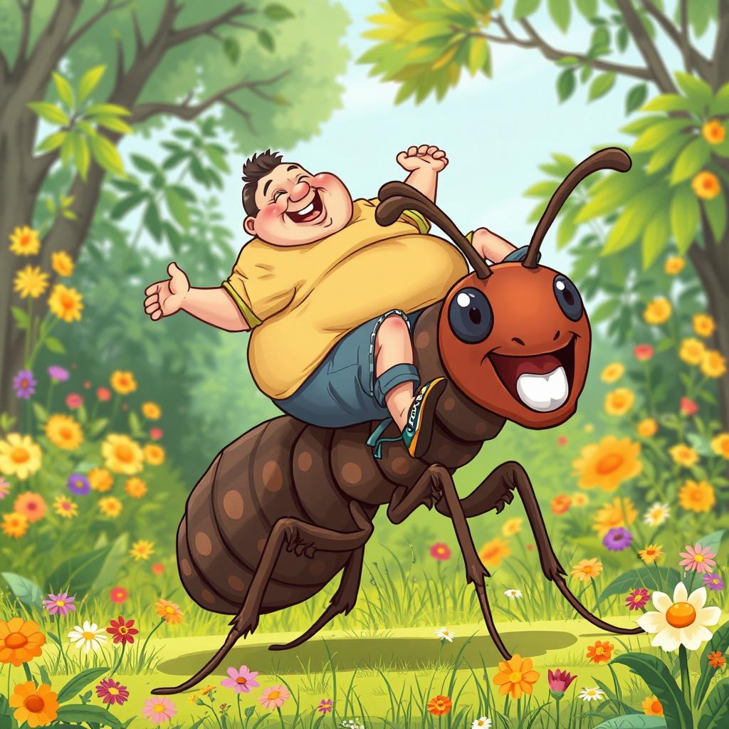 A whimsical and humorous illustration of a plump man joyfully riding a giant ant