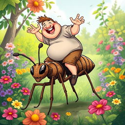 A whimsical and humorous illustration of a plump man joyfully riding a giant ant