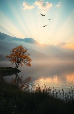 A serene and tranquil natural landscape at sunrise, featuring misty mountains in the background, a calm lake reflecting the warm hues of the sky, and a lone tree with golden leaves by the water's edge