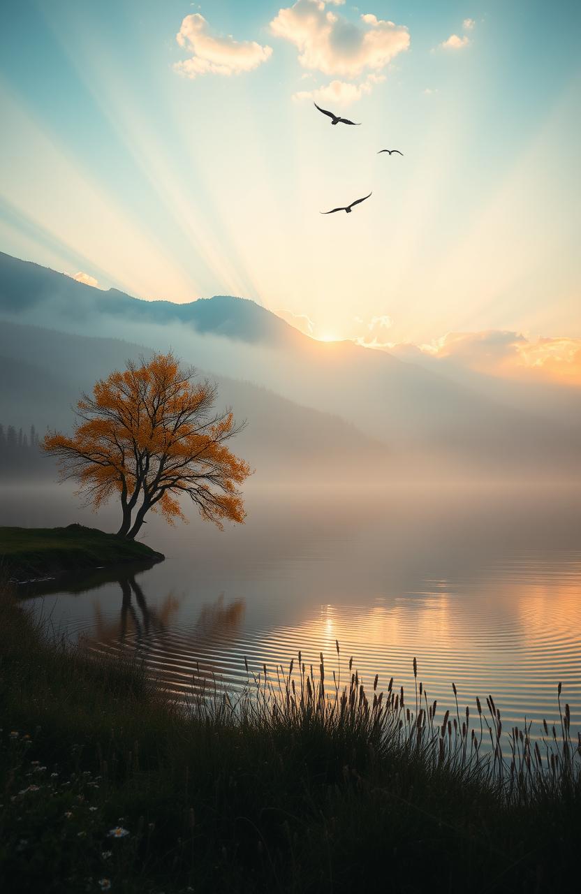 A serene and tranquil natural landscape at sunrise, featuring misty mountains in the background, a calm lake reflecting the warm hues of the sky, and a lone tree with golden leaves by the water's edge