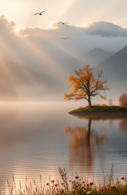 A serene and tranquil natural landscape at sunrise, featuring misty mountains in the background, a calm lake reflecting the warm hues of the sky, and a lone tree with golden leaves by the water's edge