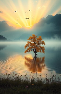 A serene and tranquil natural landscape at sunrise, featuring misty mountains in the background, a calm lake reflecting the warm hues of the sky, and a lone tree with golden leaves by the water's edge